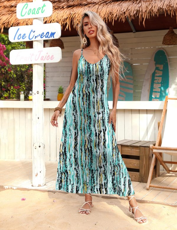 Womens Summer Maxi Dress Spaghetti Strap Casual Printed Dress Boho Floral Beach Sundress,