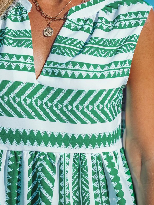 Women's Ruffle Beach Mini Dress Split V Neck A Line Sleeveless Geometric Stripe Tropical Leaf Pattern Summer Dresses