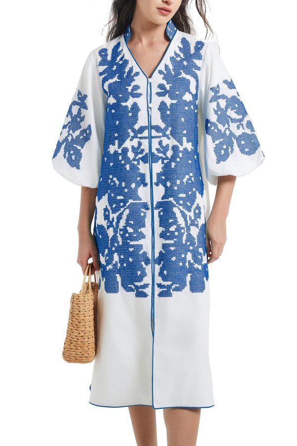 Women Casual V-Neck Mid Dress Floral Embroidery 3/4 Sleeves Spring Summer Tunic Dress Loose Zip Party Dress with Pocket