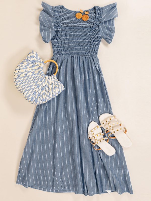 Women's Summer Dress Square Neck Striped Smocked Dress Ruffled Cap Sleeves Dress A Line Maxi Formal Dress