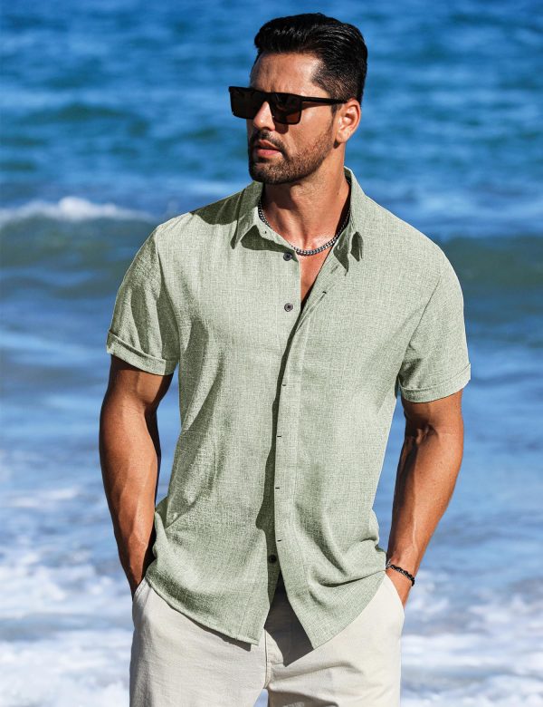 Linen Shirts for Men Short Sleeve Button Down Dress Casual Shirt Beach Summer Wedding Hawaiian Outfit