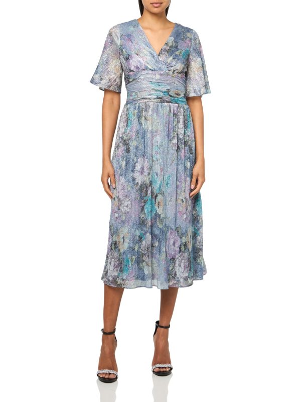 Women's Short Sleeve V-Neck Midi Cocktail Dress W/Ruched Waist, Wedding Guest Gown (Petite and Regular Sizes)