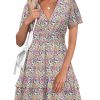 Simplee Womens Floral Short Summer Dress - Empire Waist A Line Flutter Sleeve V Neck Boho Mini Dresses with Pockets