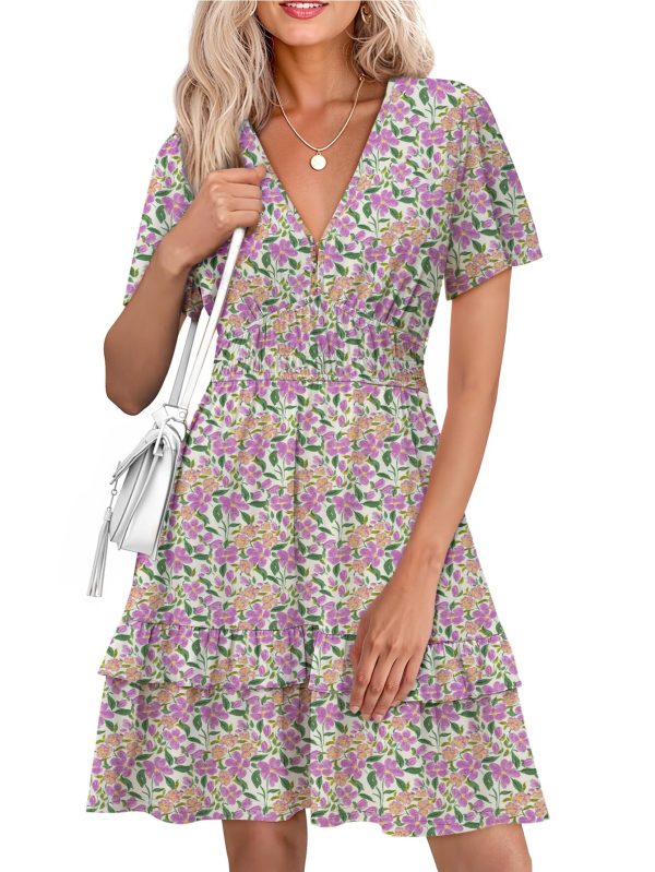 Simplee Womens Floral Short Summer Dress - Empire Waist A Line Flutter Sleeve V Neck Boho Mini Dresses with Pockets