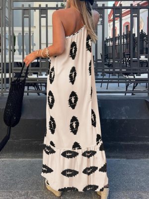 Women's Summer One Shoulder Maxi Dresses Printed Flowy Boho Beach Vacation Long Sundress
