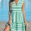 Women's Ruffle Beach Mini Dress Split V Neck A Line Sleeveless Geometric Stripe Tropical Leaf Pattern Summer Dresses