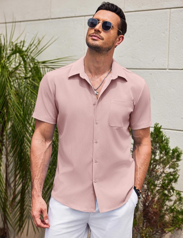 Men's Casual Short Sleeve Button Down Summer Beach Shirt Lightweight Textured Wrinkle Free Untucked Shirts