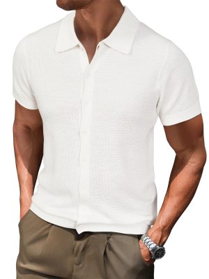 Mens Wool Blended Button Down Shirt Short Sleeve Knit 2025 Summer Fashion Dress Shirts Casual Business Golf
