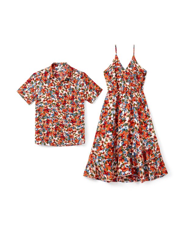 Matching Hawaiian Outfits for Couples Beach Vacation Tropical Print Women Spaghetti Strap Dress or Men Cruise Shirt