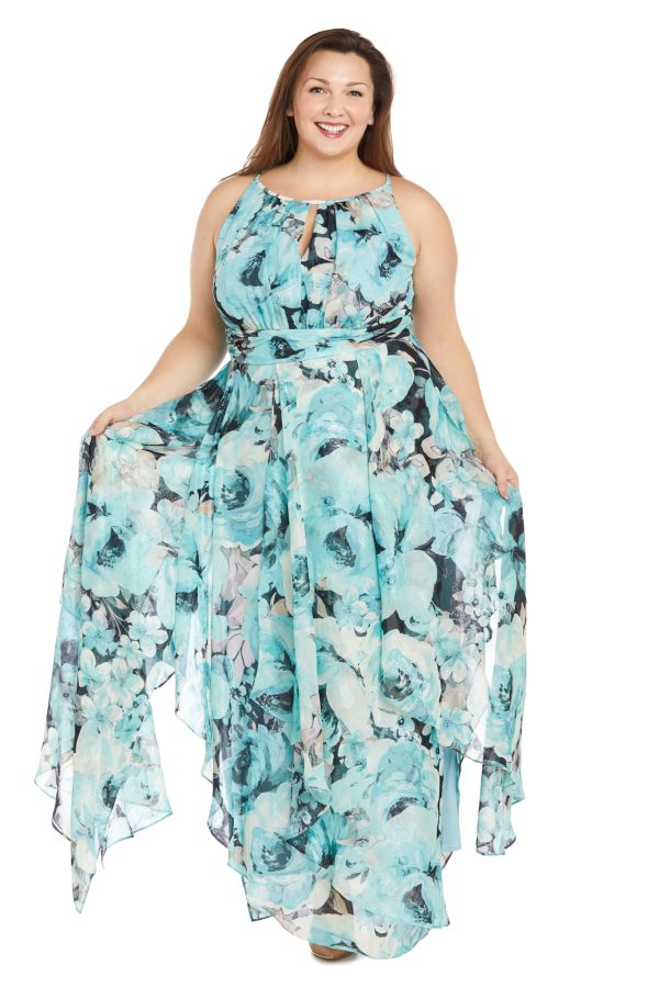 Long Printed Chiffon Halter Dress W/Hankie Hemline