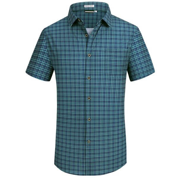 Mens Casual Button Down Shirts Wrinkle Free 4-Way Stretch Dress Shirs Short Sleeve Plaid Summer Shirts for Men