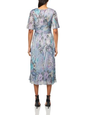 Women's Short Sleeve V-Neck Midi Cocktail Dress W/Ruched Waist, Wedding Guest Gown (Petite and Regular Sizes)