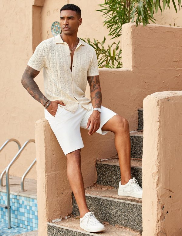 Mens Knit Button Down Shirts Casual Textured Polo Shirt Short Sleeve Vintage Summer Beach Tops