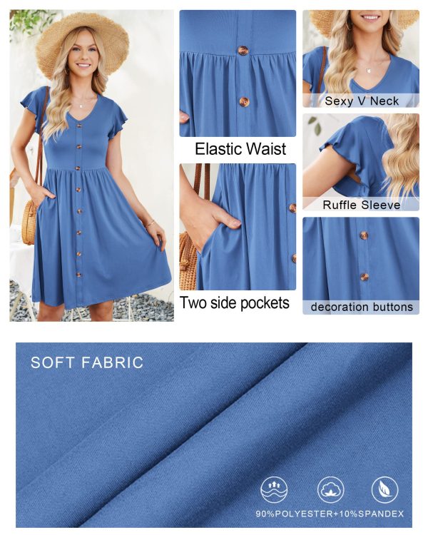 Women Summer Dresses Sleeveless Casual Loose Swing Button Down Midi Dress with Pockets