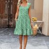 Womens Summer Dress Casual Ruffle Tiered Floral Square Neck Sundresses Beach Boho Mini A-line Dress 2025 with Pockets
