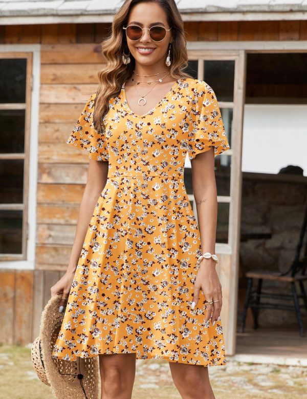Womens Summer Dress Casual Swing Floral Ruffle Short Sleeve Sundresses Beach Mini A-line Shift Dress 2025 with Pockets