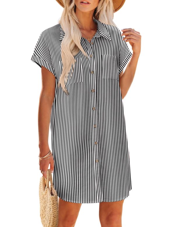 Women's Summer Dress 2025 Cotton Button Down Short Sleeve Tshirt Dresses Casual Flowy V Neck Loose Mini Beach Dress