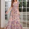 Women's Summer Floral Print Straps Sleeveless V Neck Criss Cross Backless Chiffon Beach Boho Party Long Maxi Dress