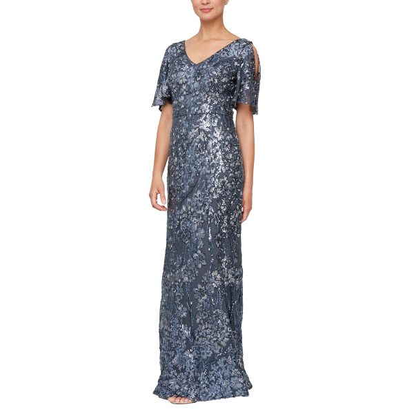 Women's Long Mother of The Bride Sequin Dress with Cold Shoulder Flutter Sleeves (Petite and Regular Sizes)