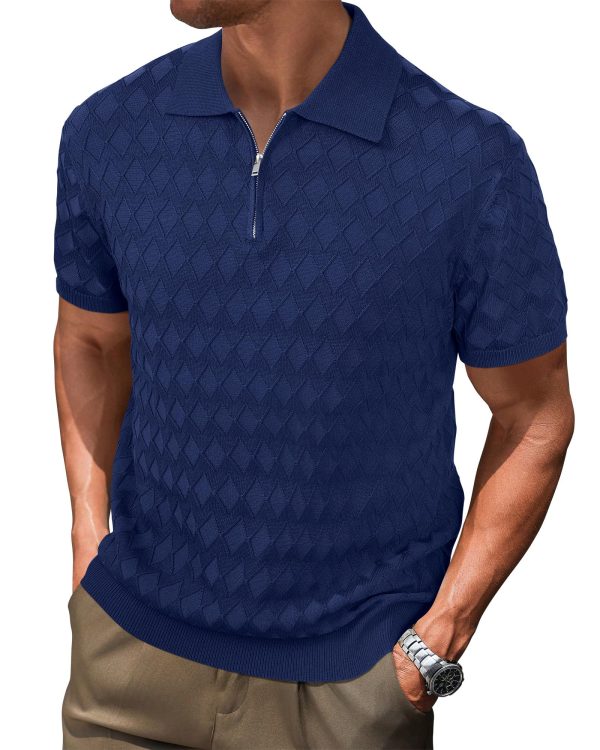 Mens Zipper Polo 3D Texture Shirts 2025 Spring Summer Fashion Knit Golf Tops Short Sleeve Dress Clothes