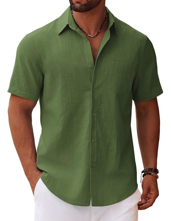 Men's Button Down Short Sleeve Shirt Casual Cotton Summer Beach Linen Wedding Shirts with Pocket