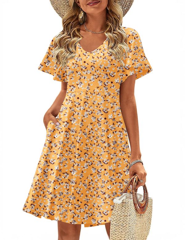 Womens Summer Dress Casual Swing Floral Ruffle Short Sleeve Sundresses Beach Mini A-line Shift Dress 2025 with Pockets