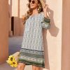 Womens Boho Dresses Casual Beach Summer Dress Tassel Tie Neck 3/4 Long Sleeve Mini Sundress 2025 Floral Print Cover Up