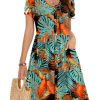 Womens Summer Dress Mini Petal Short Sleeve Dresses Pleated Button Down V Neck Floral Beach Swing Vacation Dress 2025