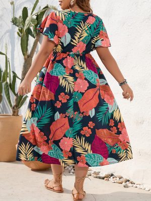 Women's Plus Size Boho Floral V Neck Short Sleeve A Line Long Dress