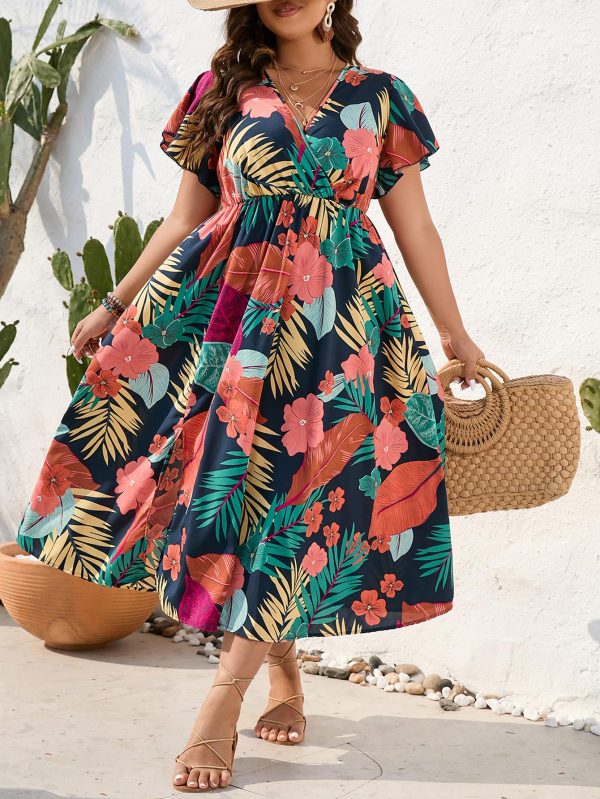 Women's Plus Size Boho Floral V Neck Short Sleeve A Line Long Dress