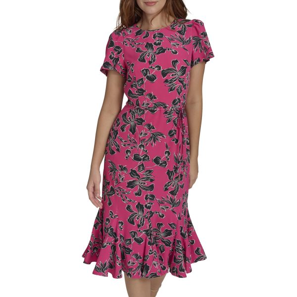 Women's Short Sleeve Pleated Hem Rope Belt Midi Dress