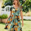 Womens Summer Dress Mini Petal Short Sleeve Dresses Pleated Button Down V Neck Floral Beach Swing Vacation Dress 2025