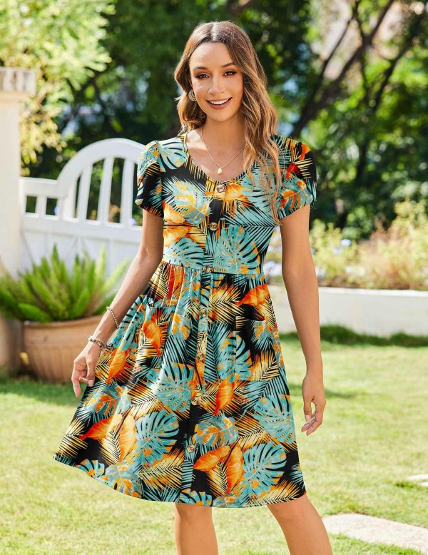 Womens Summer Dress Mini Petal Short Sleeve Dresses Pleated Button Down V Neck Floral Beach Swing Vacation Dress 2025