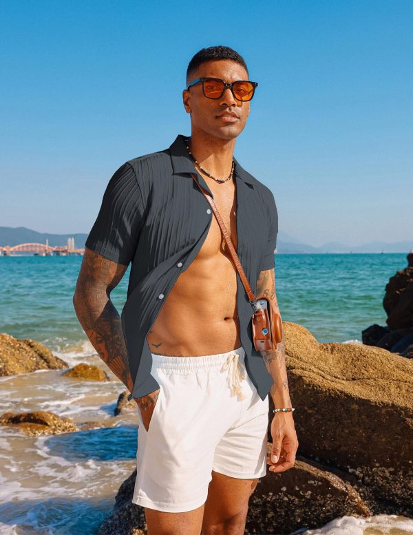 Men's Casual Button Down Shirts - Short Sleeve Summer Textured Beach Wrinkle-Free Shirts