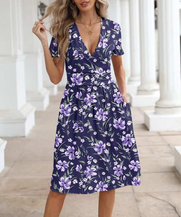 Women's Summer Casual Dress Short Sleeve Wrap V Neck Midi Dresses with Pockets