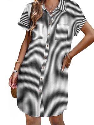 Women's Summer Dress 2025 Cotton Button Down Short Sleeve Tshirt Dresses Casual Flowy V Neck Loose Mini Beach Dress