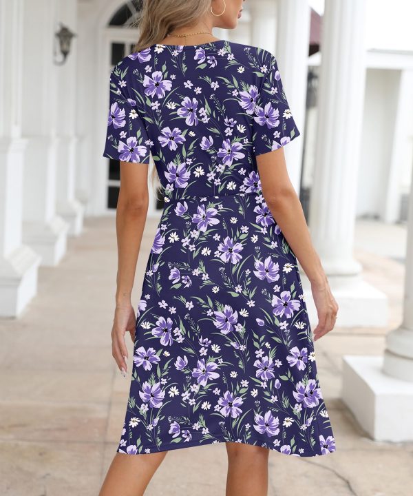 Women's Summer Casual Dress Short Sleeve Wrap V Neck Midi Dresses with Pockets