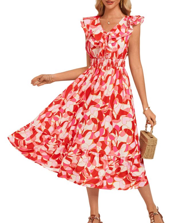 Women's Summer Dress Casual Boho Beach V Neck Smocked Waist Front Ruffle Floral Maxi Dresses with Pockets