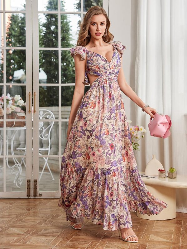 Women's Summer Floral Print Straps Sleeveless V Neck Criss Cross Backless Chiffon Beach Boho Party Long Maxi Dress