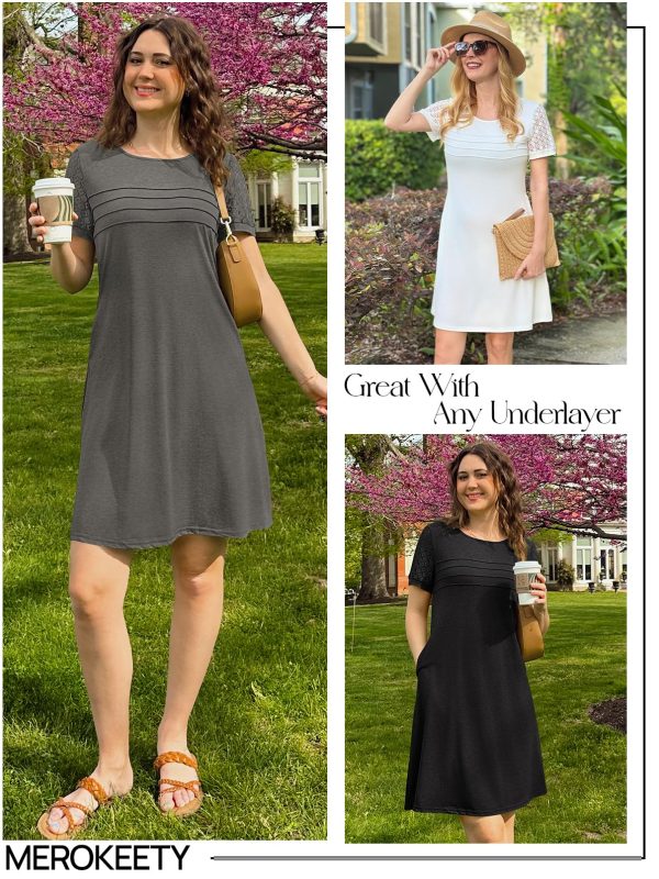 Women's Summer Short Lace Sleeve T Shirt Dress Casual Crew Neck Pleated Front Shift Dresses