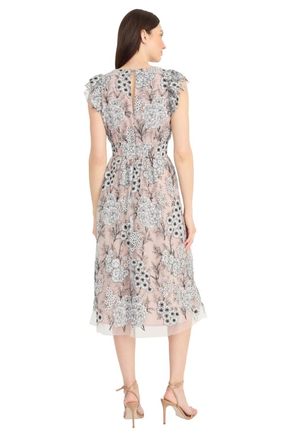 Women's Flutter Sleeve V-Neck Empire Waist Midi Length A-line Cocktail Dress