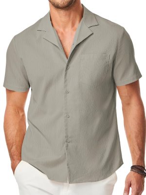 Men's Casual Button Down Shirts Short Sleeve Textured Summer Beach Shirt Cuban Vacation Shirts with Pocket