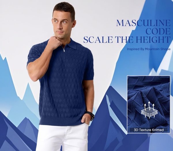 Mens Zipper Polo 3D Texture Shirts 2025 Spring Summer Fashion Knit Golf Tops Short Sleeve Dress Clothes