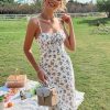 Women's Summer Split Thigh Spaghetti Strap Cami Midi Floral Dress