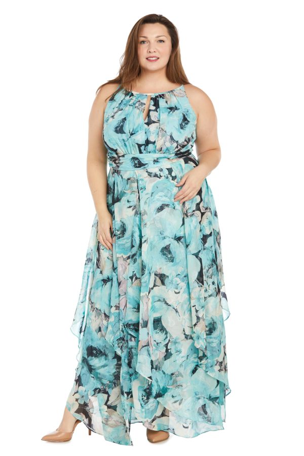 Long Printed Chiffon Halter Dress W/Hankie Hemline