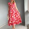 Women's Summer Dress Casual Boho Beach V Neck Smocked Waist Front Ruffle Floral Maxi Dresses with Pockets