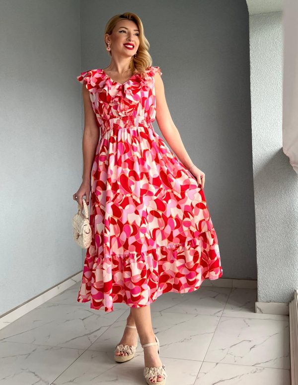 Women's Summer Dress Casual Boho Beach V Neck Smocked Waist Front Ruffle Floral Maxi Dresses with Pockets
