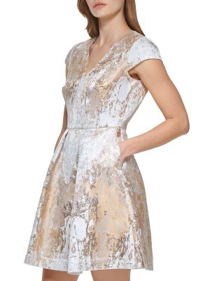 Women's Cap Sleeve V-Neck Metallic Fit & Flare Mini Dress