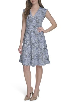 Women's V Neck All Over Columbier Print Fit and Flare Dress