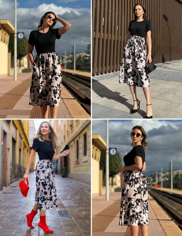 Womens Midi Dress Summer Short Sleeve Dress with Pockets 2025 Casual Floral T-Shirt Dress Flowy Beach Sundress